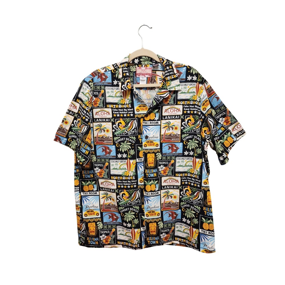 RJC Mens Hawaiian Shirt XL North Shore Postcard Tiki Print Aloha Made in Hawaii